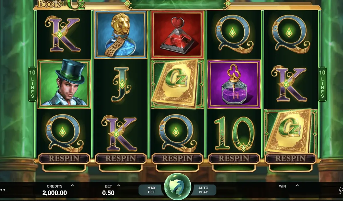 Rulli del gioco base di Book of Oz con i tasti Respin sotto ogni colonna