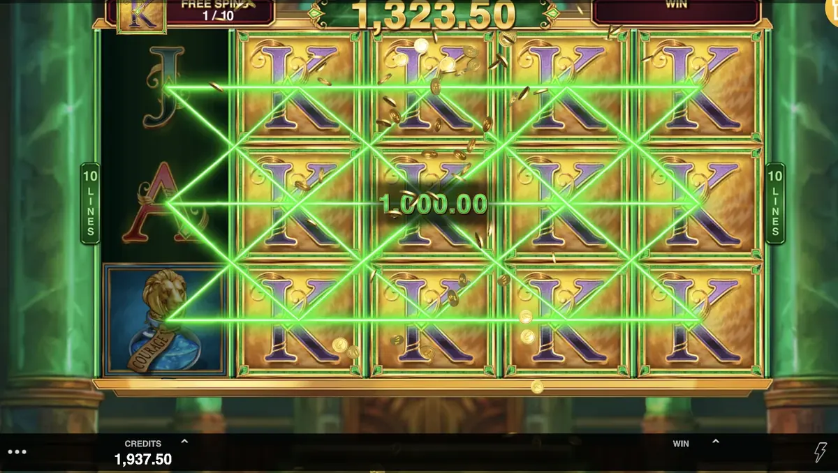 Vincita da 1.000 crediti su piu linee attive nei giri gratis di Book of Oz